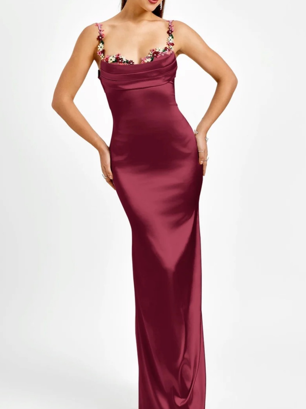 Satin Burgundy Maxi Dress With Floral-Embellished Straps